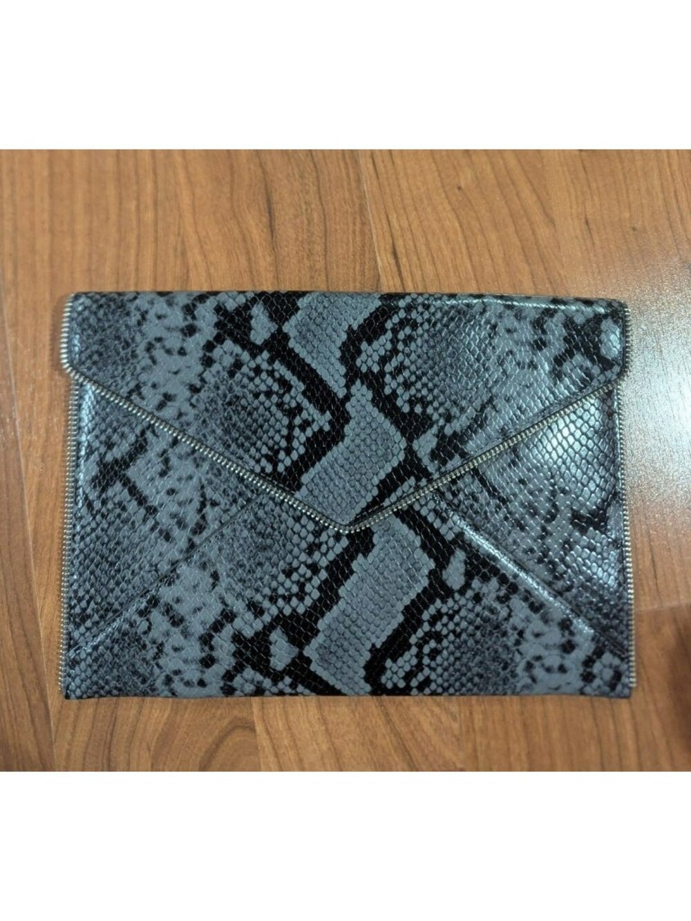 Rebecca Minkoff Embossed Leather Snakeskin Print Large Clutch Wallet Black Gray